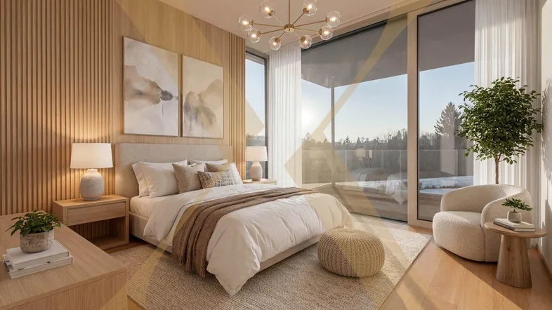 Modernes Schlafzimmer mit Holzwandverkleidung, großen Fenstern und Blick ins Grüne.