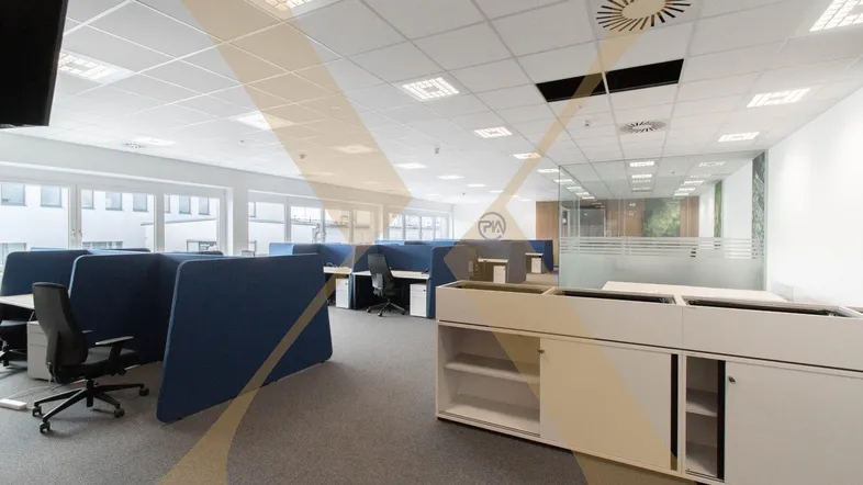 Großes, modernes Großraumbüro mit ergonomischen Arbeitsplätzen, Teppichboden und viel Tageslicht durch Fenster.