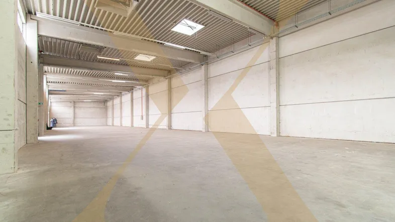 Geräumige, leere Lagerhalle mit hohen Decken, Betonwänden und Oberlichtern für natürliches Licht.
