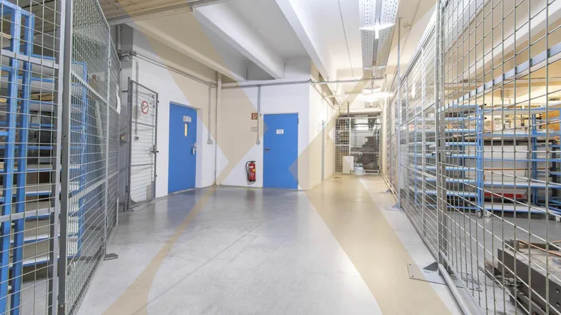 Geräumiger Lagerraum im Untergeschoss mit Metallkäfigen, blauen Türen und Betonboden.