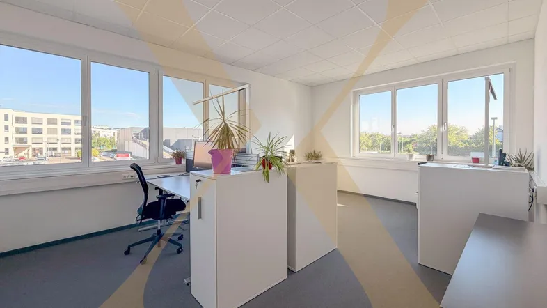 Helles und geräumiges Büro mit mehreren Arbeitsplätzen und großen Fenstern, die viel Tageslicht hereinlassen.