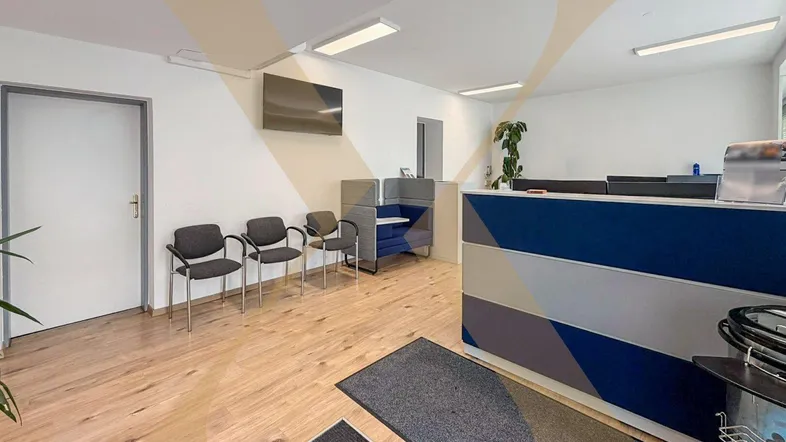 Heller Empfangsbereich mit modernem Tresen, Wartezone und Holzoptikboden in einem Bürogebäude.