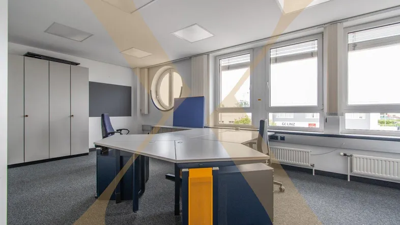 Modernes Büro mit ergonomischem Schreibtisch, Teppichboden und großen Fenstern für viel Tageslicht.
