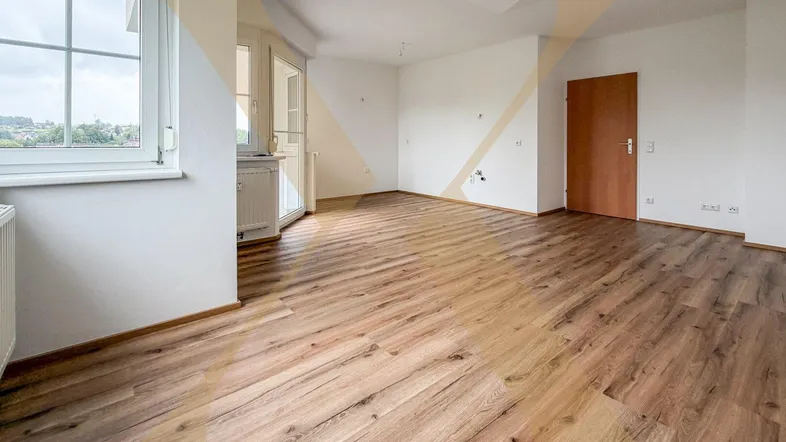 Heller Raum mit Laminatboden, weißen Wänden und Zugang zu einem Balkon, ideal als Wohnzimmer.