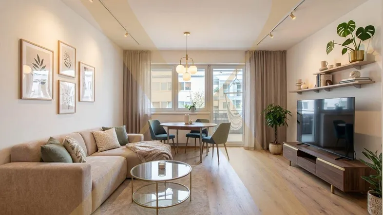 Helles Wohn- und Esszimmer mit modernem Sofa, Esstisch und Zugang zum Balkon.