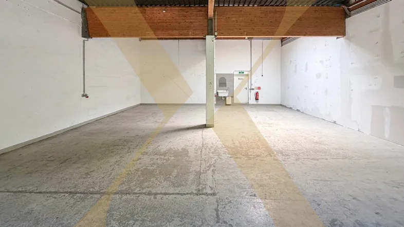Großer, leerer Industrieraum mit Betonboden, weißen Wänden und sichtbaren Holzträgern, ideal für Lager oder Produktion.