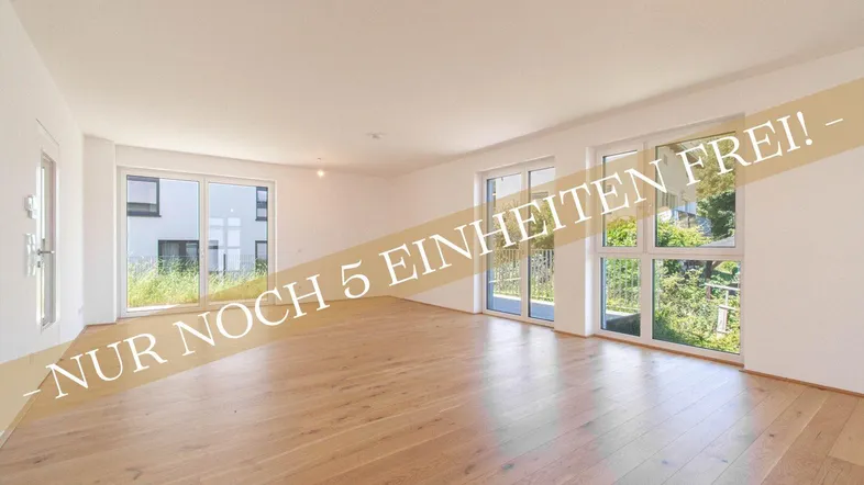 Heller, leerer Wohnraum mit Holzboden und großen Fenstern, die viel Tageslicht hereinlassen.