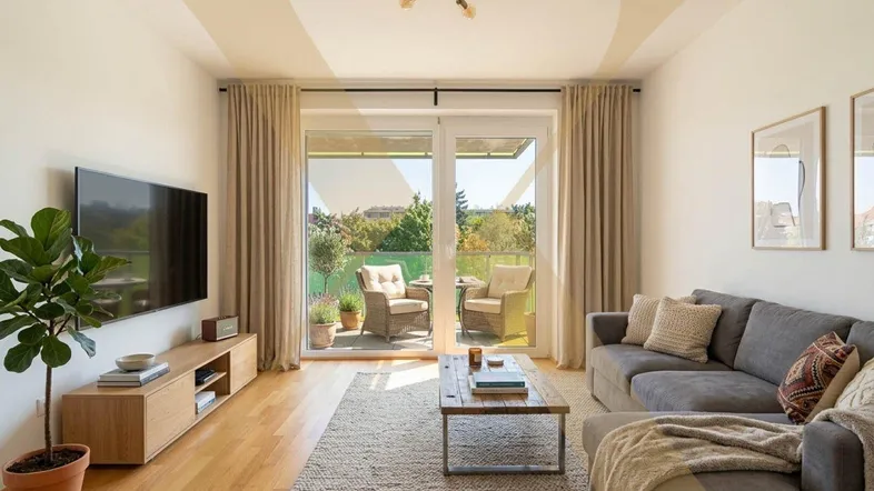 Helles Wohnzimmer mit modernem Dekor, Holzboden und direktem Zugang zum möblierten Balkon.