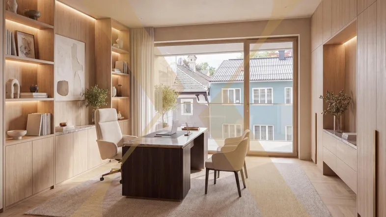 Helles Büro mit eleganten Holzmöbeln, Einbauschränken und Blick auf die umliegenden Gebäude.