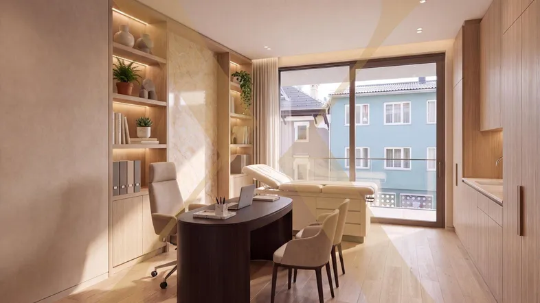 Modernes Büro oder Behandlungszimmer mit Holzboden, Einbauregalen und Zugang zum Balkon.