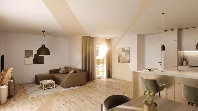 Helles, offenes Wohn-Esszimmer mit moderner Küche, Holzboden und Zugang zum Balkon.