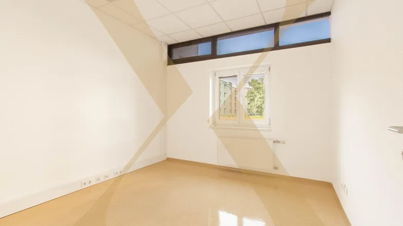 Heller Büroraum mit großen Fenstern, abgehängter Decke und glänzendem Bodenbelag in gutem Zustand.