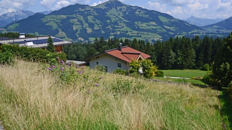 Haus in alpiner Landschaft mit Bergblick und grünen Wiesen unter blauem Himmel.