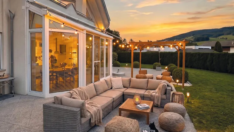 Geräumige Terrasse mit bequemen Loungemöbeln und Blick auf die umliegende Landschaft bei Sonnenuntergang.