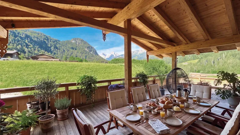 Große überdachte Holzterrasse mit Frühstückstisch und herrlichem Blick auf die Berge und grüne Wiesen.