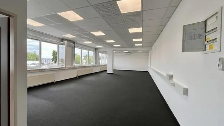 Heller Büroraum mit großen Fenstern, dunklem Teppichboden und abgehängter Decke.