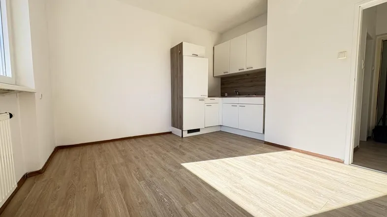 Heller Wohnraum mit integrierter Küchenzeile und modernem Laminatboden, durchflutet von Tageslicht.