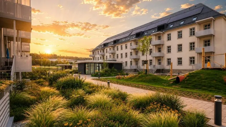 Moderne Wohnanlage bei Sonnenuntergang mit gepflegtem Gartenbereich und Spielplatz.