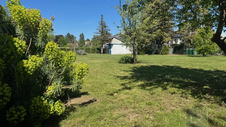Großer, gepflegter Garten mit Rasenfläche, Bäumen und Sträuchern unter blauem Himmel.