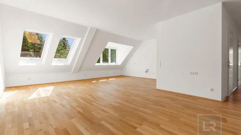 Heller, geräumiger Dachgeschossraum mit Holzboden und mehreren Dachfenstern, ideal für offenes Wohnen.