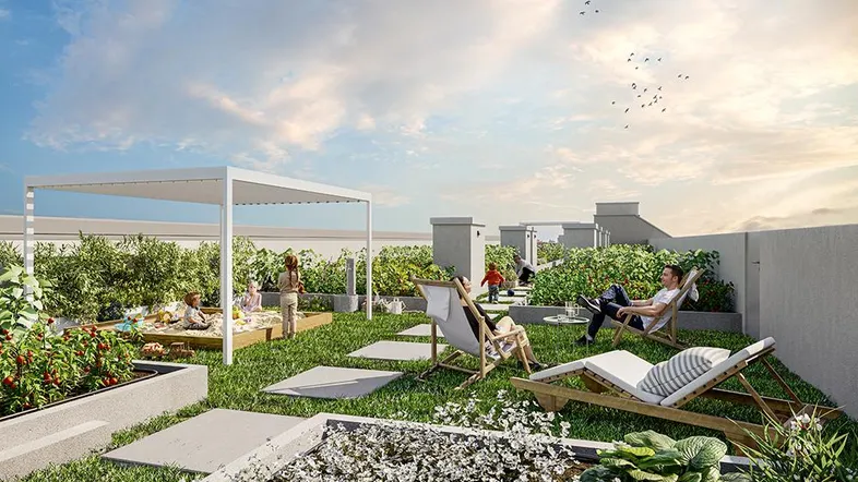 Grüne Dachterrasse mit Liegestühlen, Sandkasten und Gemeinschaftsgarten für Entspannung und Spiel.