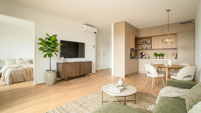 Helles, offenes Wohnzimmer mit integrierter Küche, Essbereich und Zugang zum Schlafzimmer.