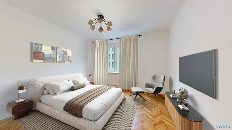 Helles Schlafzimmer mit modernem Design, Parkettboden und großem Fenster für viel Tageslicht.