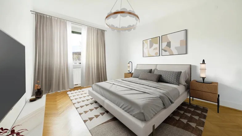 Helles Schlafzimmer mit modernem Bett, Parkettboden und Blick nach draußen.