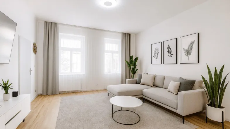 Helles Wohnzimmer mit modernem L-Sofa, Holzboden und großen Fenstern, dekoriert mit Pflanzen.