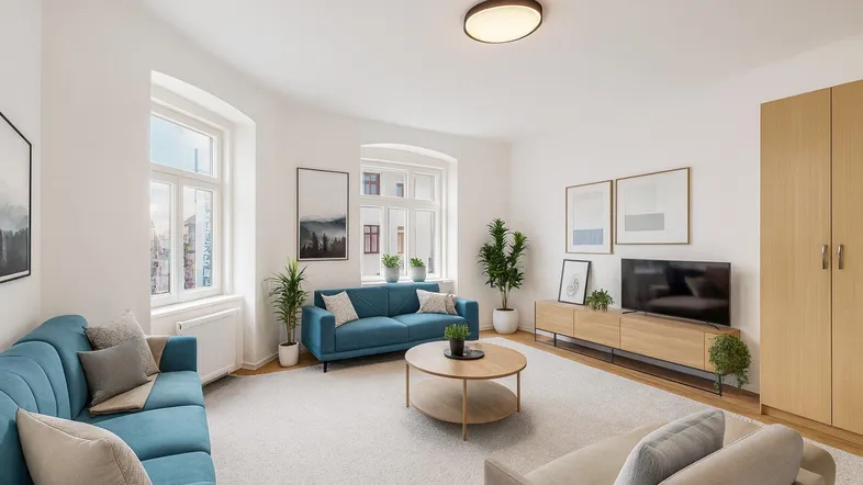 Helles Wohnzimmer mit modernen blauen Sofas, Teppichboden und großen Fenstern.