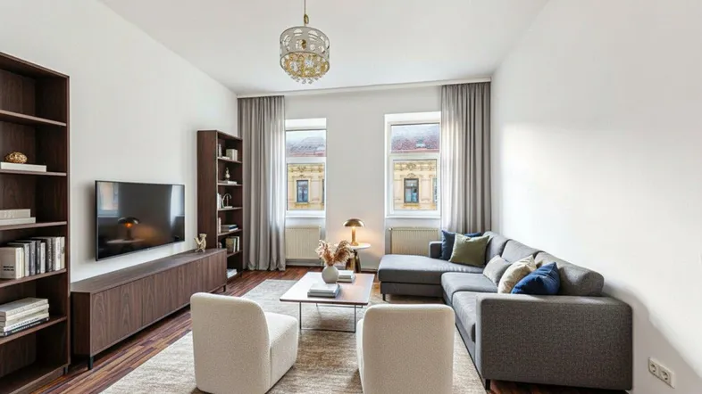 Helles Wohnzimmer mit modernem Sofa, Holzboden und zwei hohen Fenstern.