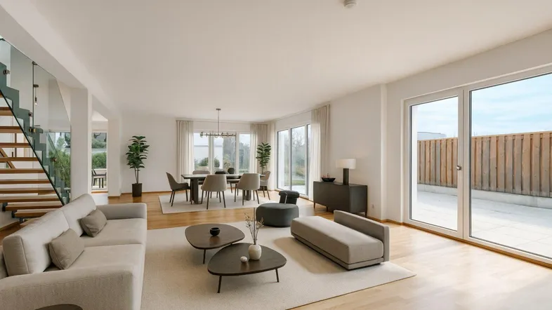 Helles, offenes Wohn-Esszimmer mit Holzboden, moderner Einrichtung und Zugang zur Terrasse.