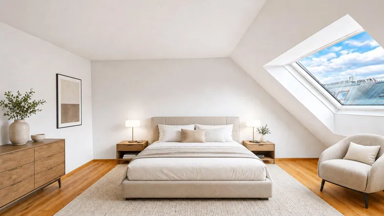 Modern eingerichtetes Schlafzimmer im Dachgeschoss mit großem Dachfenster.