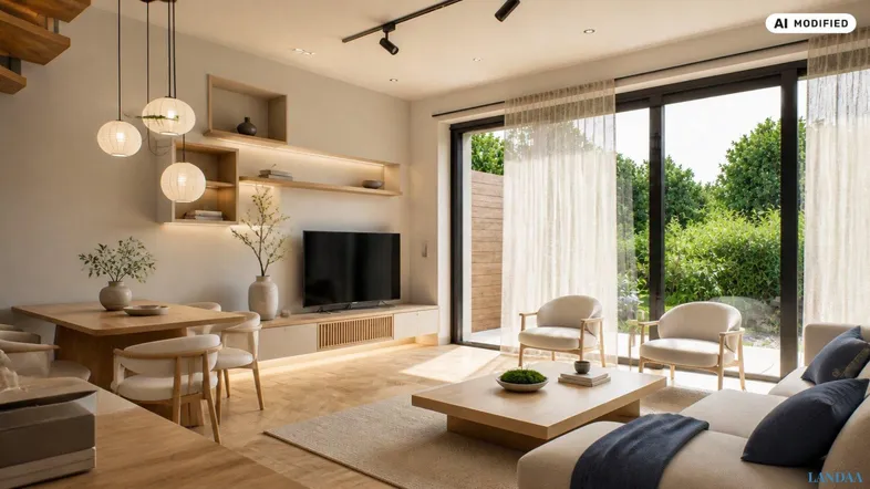 Helles, modernes Wohn- und Esszimmer mit Holzboden, großen Fenstern und Zugang zum Außenbereich.