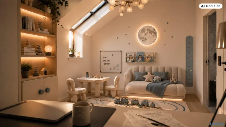 Helles Kinderzimmer mit Dachfenster, Spielbereich und gemütlicher Sitzecke unter einem leuchtenden Mond.