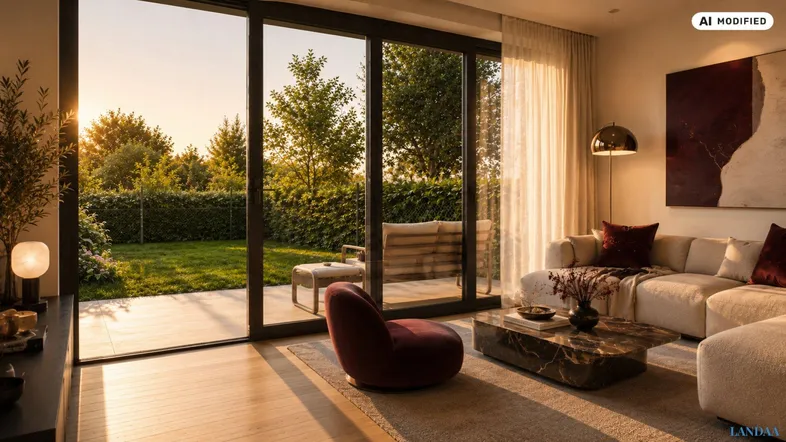 Helles Wohnzimmer mit großen Glasfronten, Holzboden und direktem Zugang zum Garten.