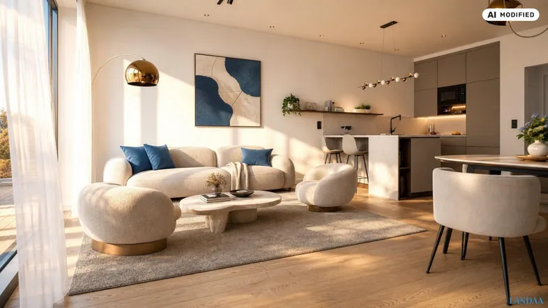 Helles, modernes Wohnzimmer mit offener Küche, Parkettboden und großen Fenstern.