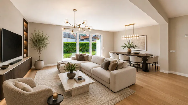 Heller, offener Wohn-Essbereich mit modernem Design, Holzboden und Zugang zum Garten.