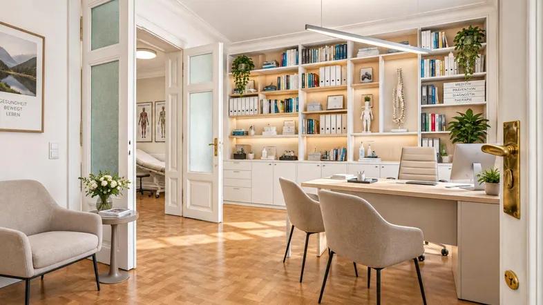 Geräumiges Büro mit eleganten weißen Bücherregalen, Holzboden und Blick in einen weiteren Raum.