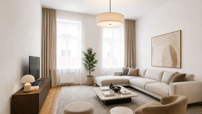Helles Wohnzimmer mit modernem Sofa, Parkettboden und großen Fenstern, die viel Tageslicht hereinlassen.
