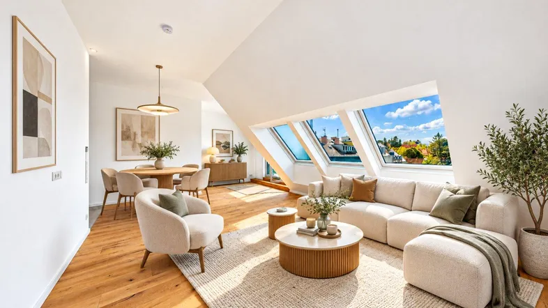 Helles und modern eingerichtetes Wohn-Esszimmer mit Holzboden, Dachfenstern und Blick ins Grüne.