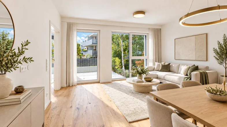 Helles, modern eingerichtetes Wohn-Esszimmer mit Holzboden und Zugang zu einem Balkon.