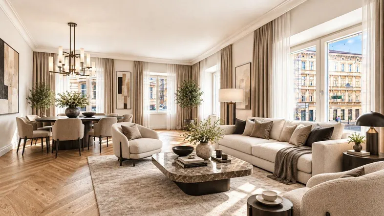 Elegantes, lichtdurchflutetes Wohn-Esszimmer mit Fischgrätparkett, modernen Möbeln und Blick auf die Stadt.