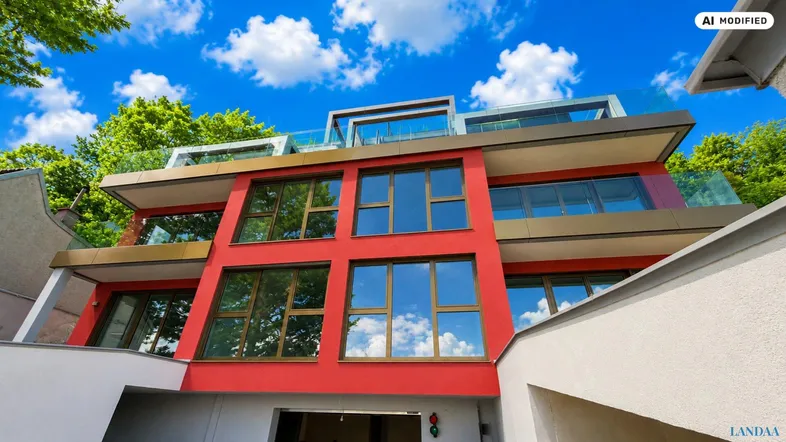 Moderne Wohnhausfassade mit leuchtend roter Farbe, großen Fenstern und Balkonen mit Glasgeländer unter blauem Himmel.