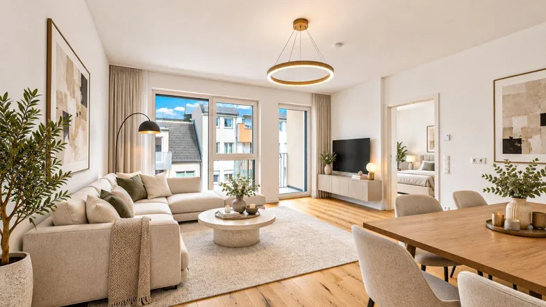 Helles, modern eingerichtetes Wohn-Esszimmer mit Holzboden und Zugang zum Balkon.