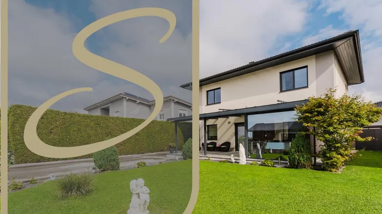 Gepflegter Gartenbereich mit Rasenfläche und moderner Hausfassade unter bewölktem Himmel.