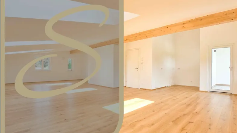 Heller, leerer Raum mit Holzbalken und Parkettboden, durchflutet von natürlichem Licht.