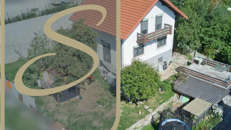 Luftaufnahme eines Einfamilienhauses mit Garten, Trampolin und Terrasse im Grünen.