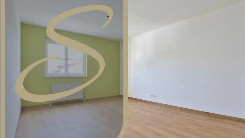Heller, unmöblierter Wohnraum mit Laminatboden, einem Fenster und einer Heizung an der Wand.