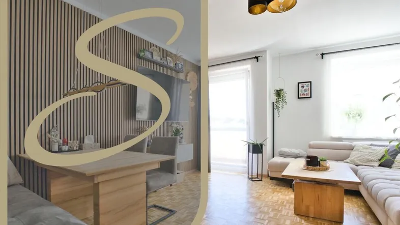 Helles Wohn- und Esszimmer mit Parkettboden und moderner Wandverkleidung.